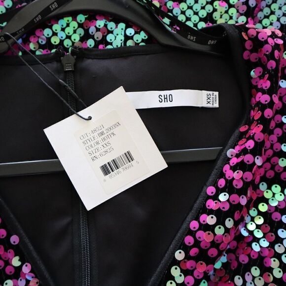 SHO x Tadashi Shoji Sz XXS Hot Pink Long Sleeve Paillette Body-Con Dress - Picture 9 of 16